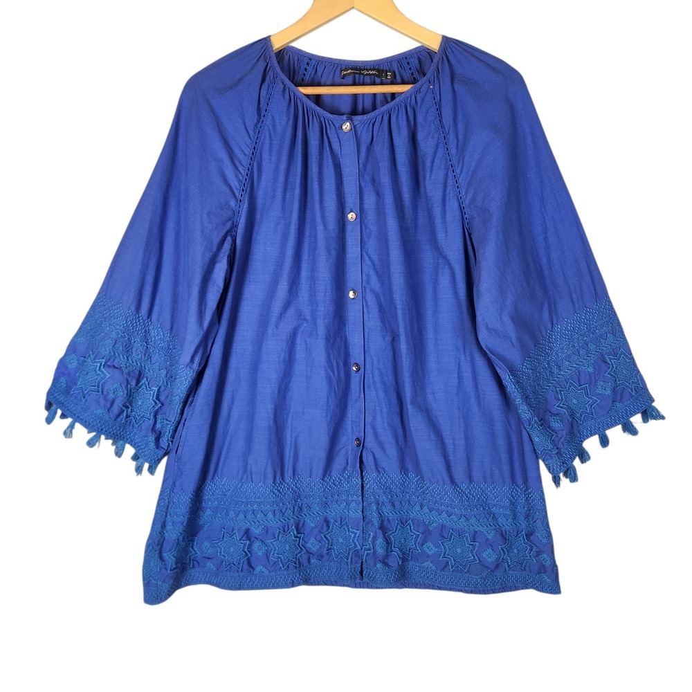 Gudrun Sjoden Blouse Large Blue Embroidered Tassel Organic Cotton Button Front